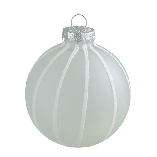 4ct. 3.5" Frosted Glitter White Striped Glass Ball Ornaments